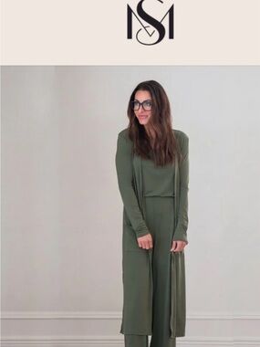 Olive Wide-Leg 3 Piece Set with Longline Cardigan. Brigitte Brianna/Sexy Modest